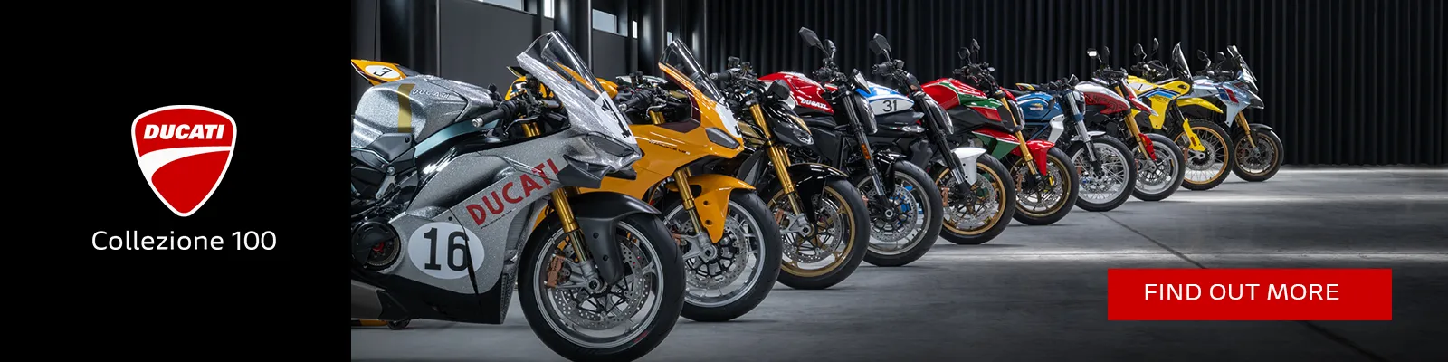 Ducati Collezione 100 - all ten limited edition centenary motorcycles including Panigale V4 S, Streetfighter, Monster, Multistrada, Scrambler, Diavel, Hypermotard, XDiavel and DesertX lined up at Mugello