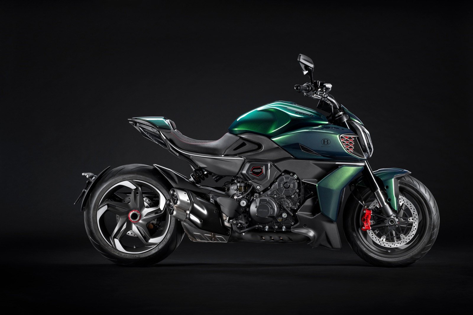 Ducati Diavel for Bentley side profile studio shot showing the Bentley badge on the tail and forged wheel design