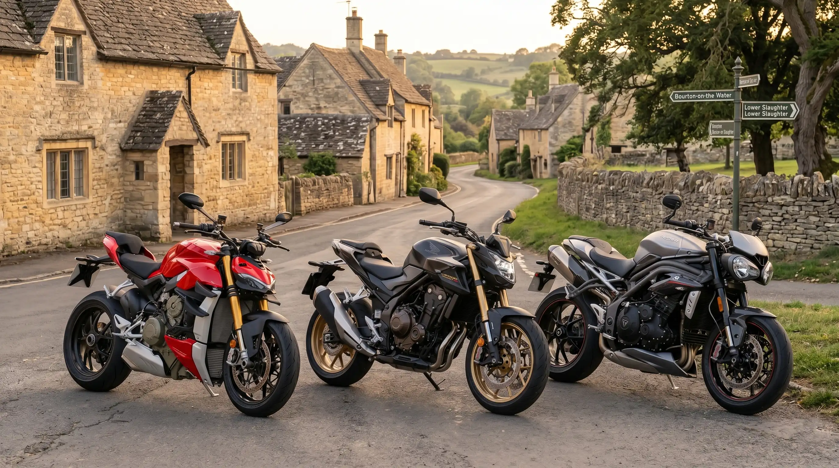 Triumph Speed Triple 1200 RS vs Ducati Streetfighter V4 S vs Honda CB1000 Hornet SP — super-naked comparison at Blade Motorcycles